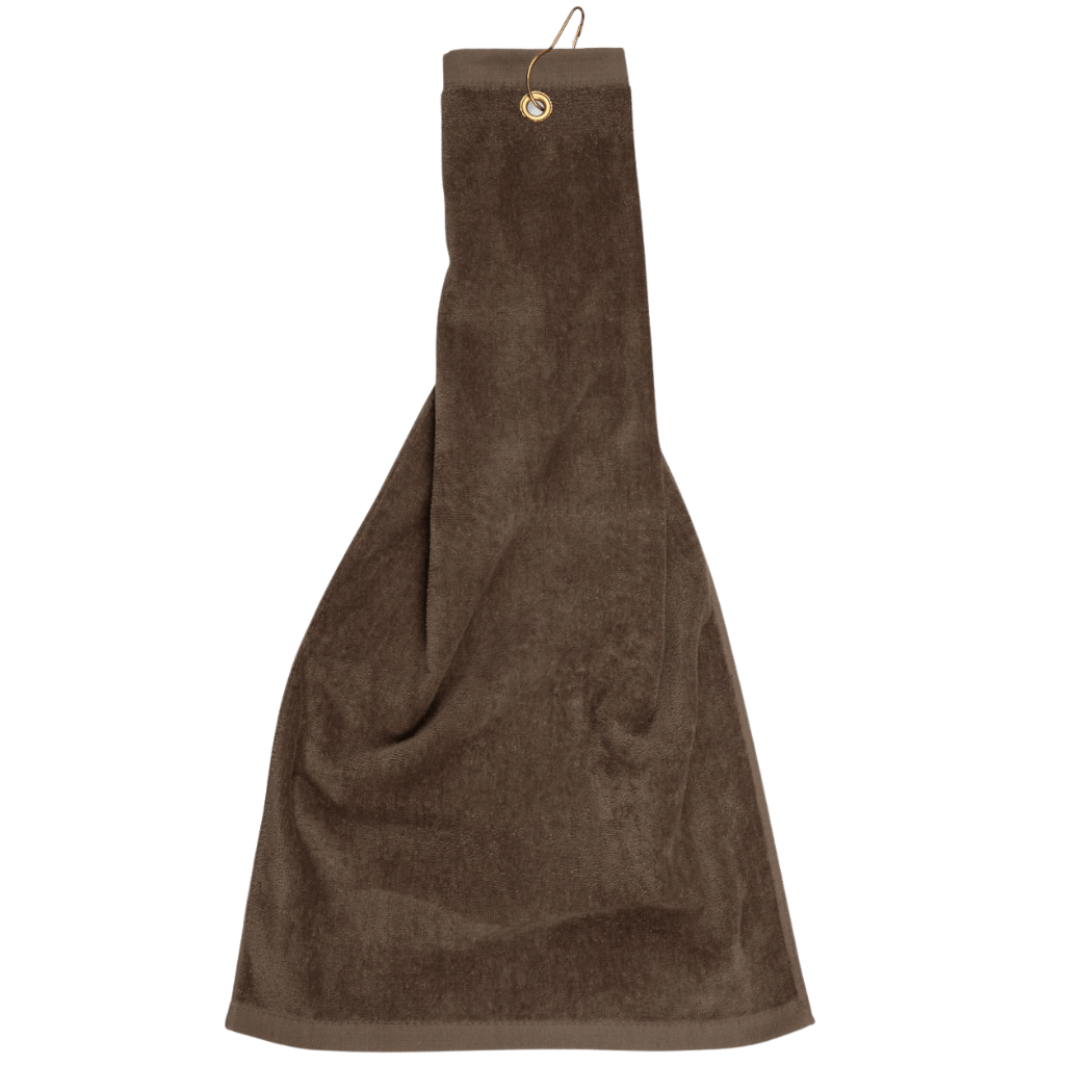 Personalised embroidered golf towel in Mocha — Stitch Nest, made to order in Ballarat