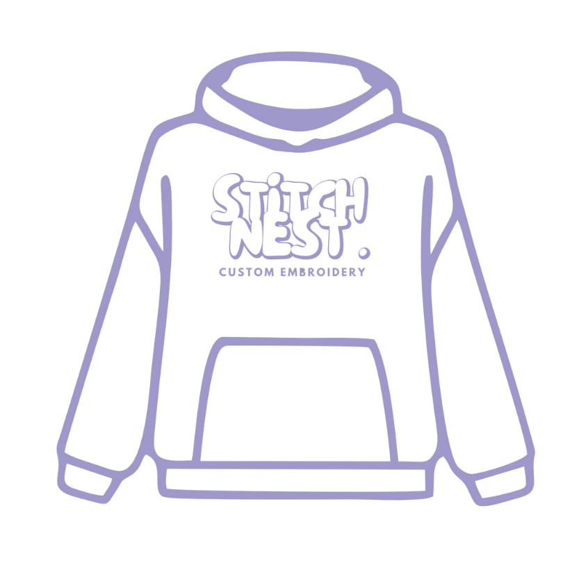Outline of a hoodie with 'Stitch Nest Custom Embroidery' text on a white background