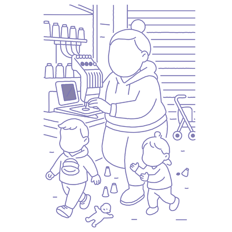 Outline illustration of a woman with two children in an embroidery studio