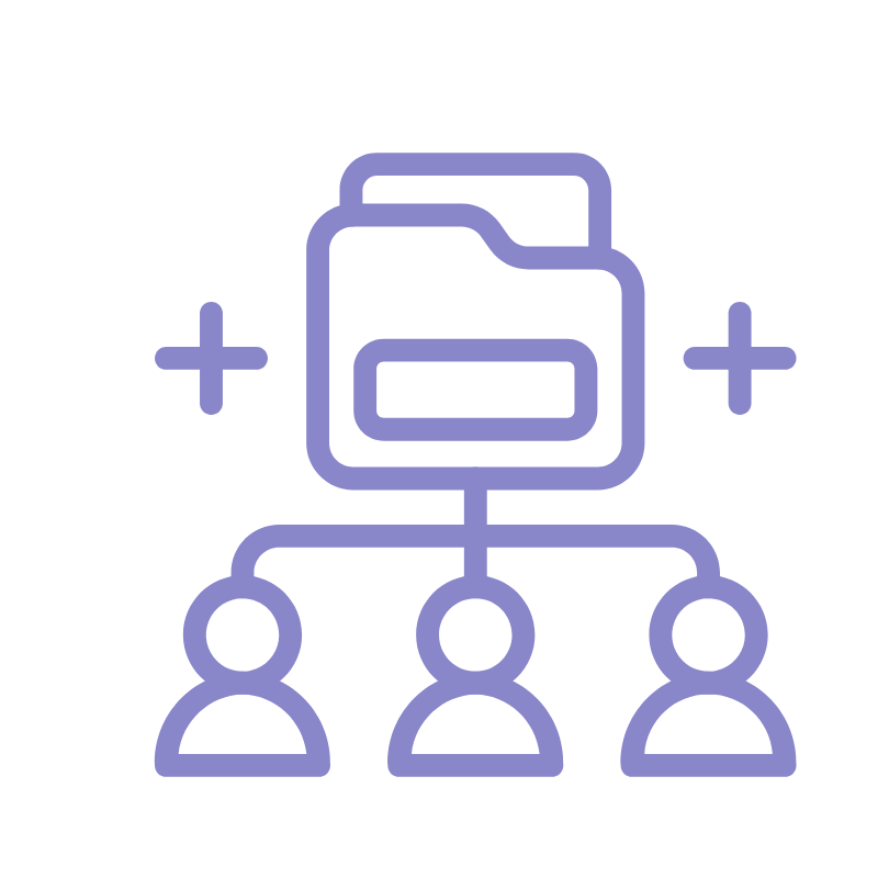 Icon of a document with three people icons and plus signs on a white background