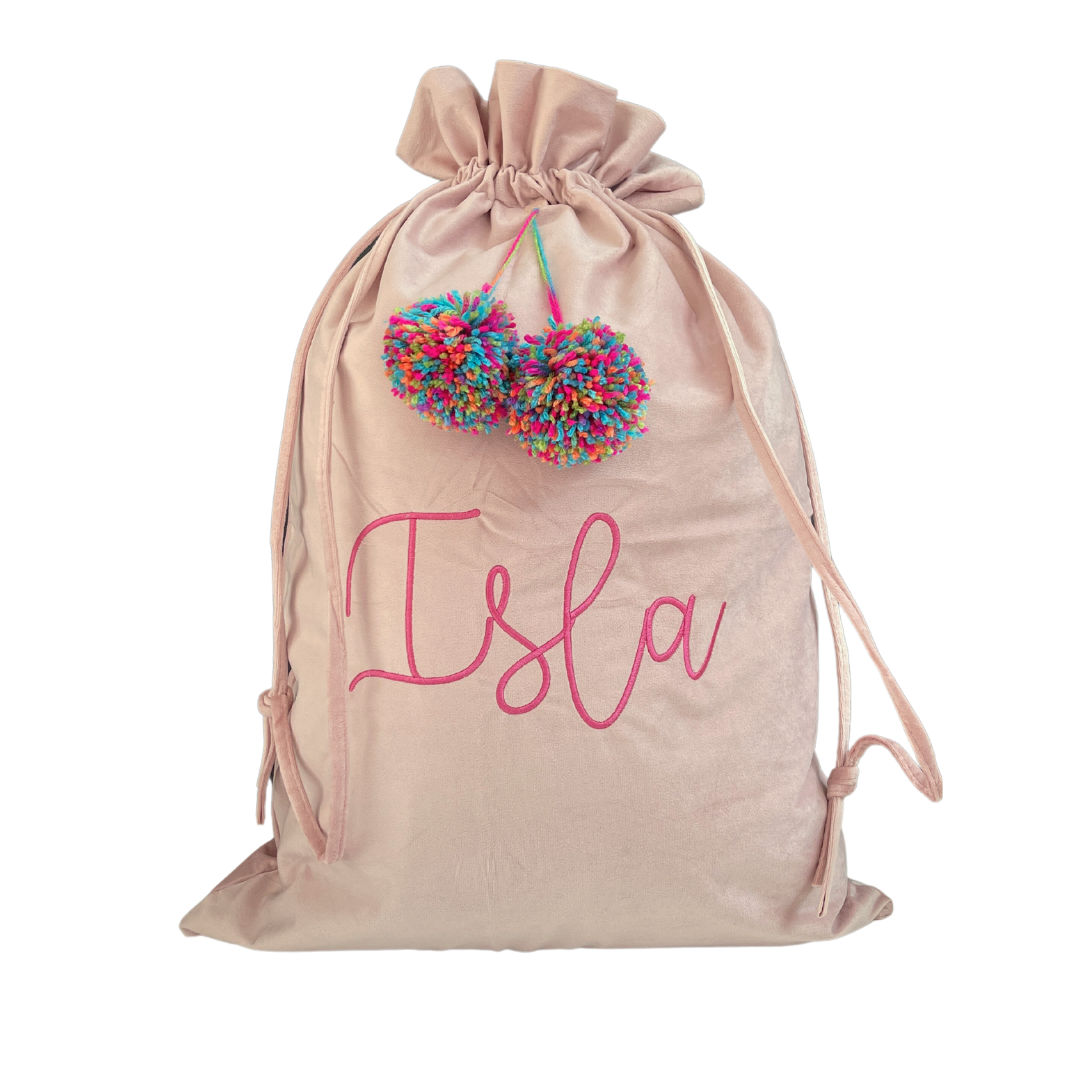 PRE ORDER - Christmas Personalised Velvet Santa Sack with Pom Pom's - Stitch Nest
