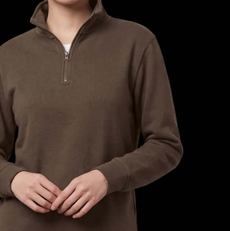 Personalised embroidered half zip fleece, worn — Stitch Nest, made to order in Ballarat