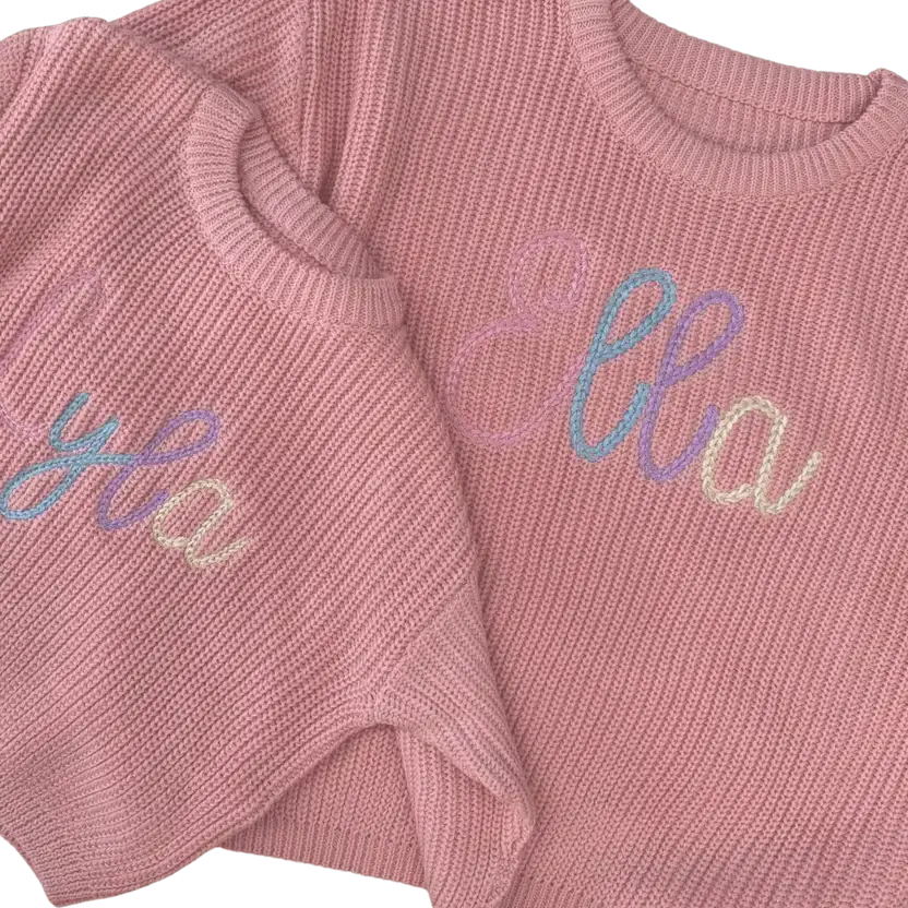 Personalised chain stitch embroidered knit sweatshirt multi colour in name Ella and Lyla