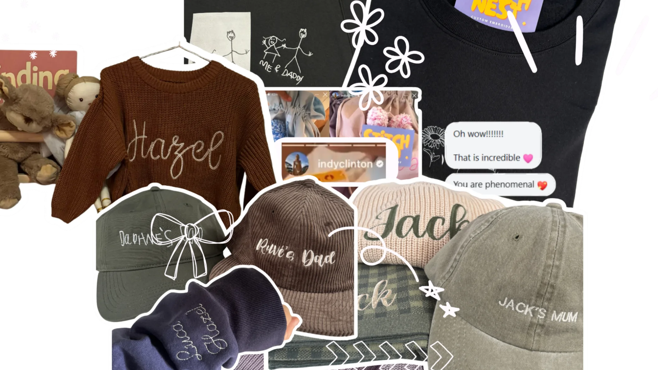 Photo of embroidery mothers day sweatshirt Indy Clintons Santa Sacks, Children's drawings turned into embroidery on hoodies, caps for mums, knit sweatshirt with hazel embroidered