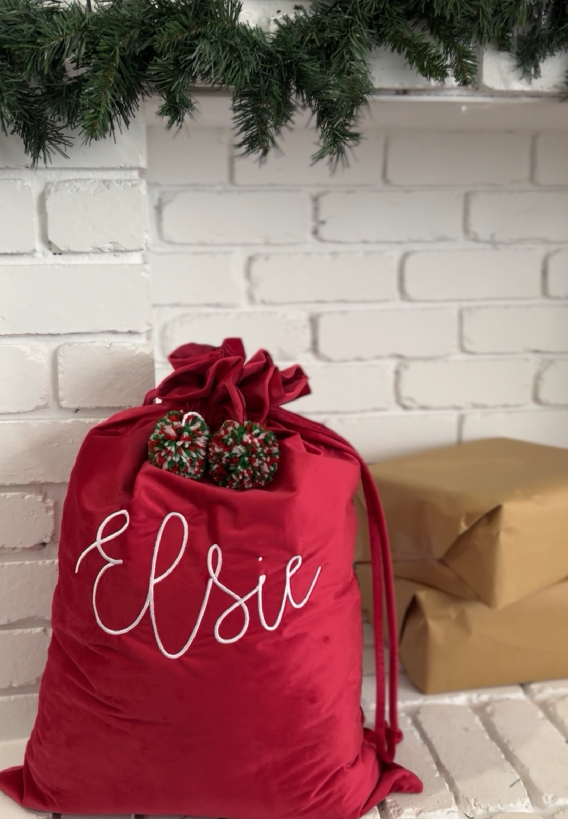 Christmas Personalised Velvet Santa Sack with Pom Pom's