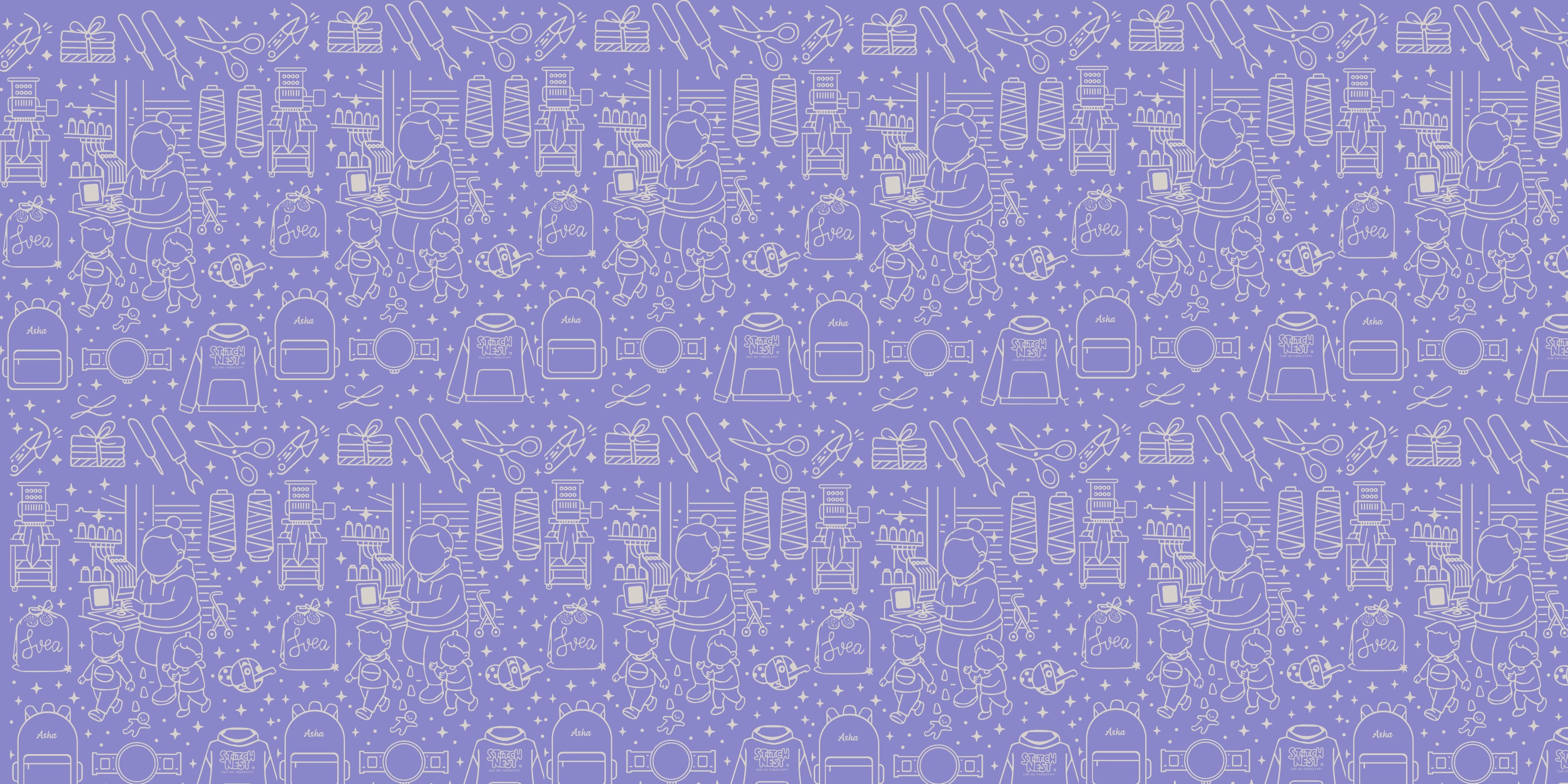 Repetitive pattern of white line art icons on a purple background with embroidery icons