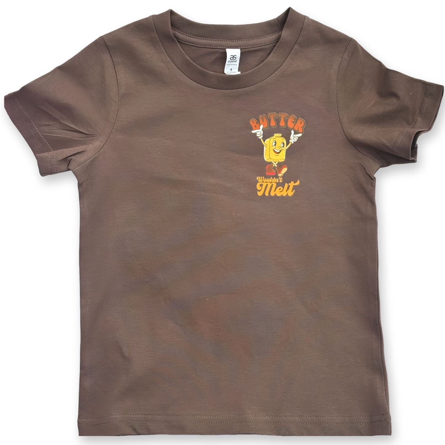 Brown kids' t-shirt with small chest print of a smiling butter character and retro text that reads "Butter Wouldn't Melt."