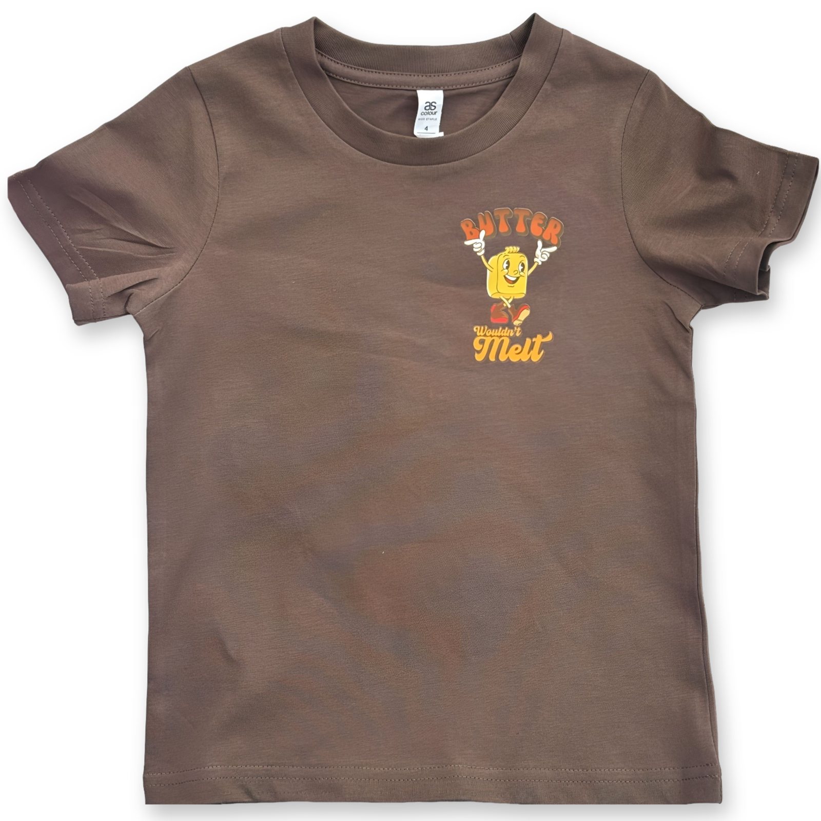 Brown kids' t-shirt with small chest print of a smiling butter character and retro text that reads "Butter Wouldn't Melt."