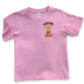 Front view of pink kids' t-shirt with small chest design of a cheerful butter character and the words "Butter Wouldn't Melt" in orange and brown hues