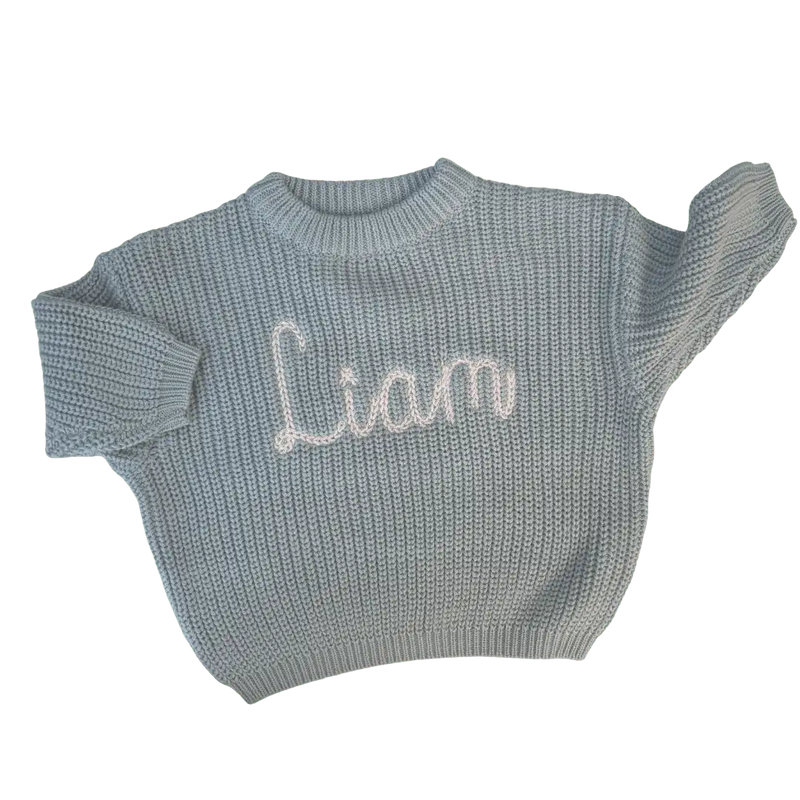 personalized knit baby sweater in soft gray with embroidered name Liam