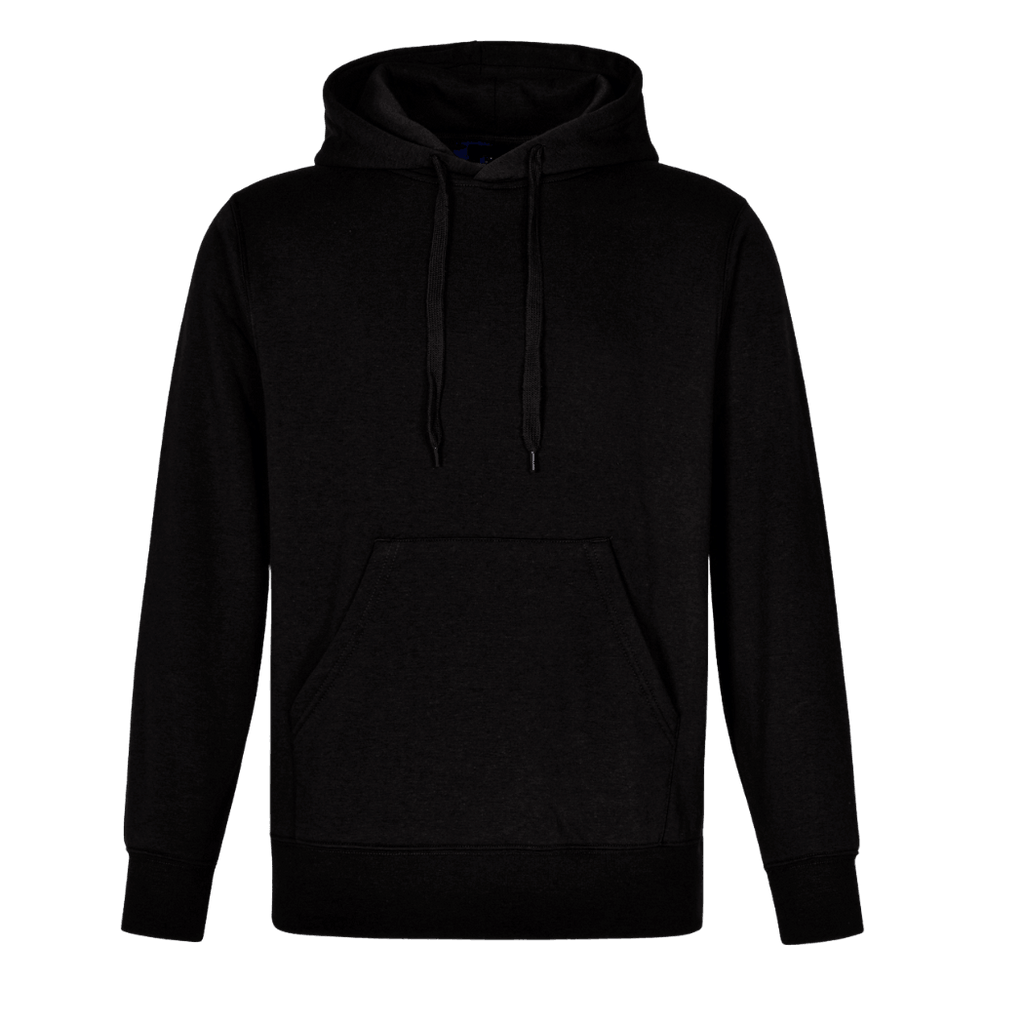 Personalised embroidered hoodie in black, featuring a kangaroo pocket and warm brushed fleece inside for comfort.