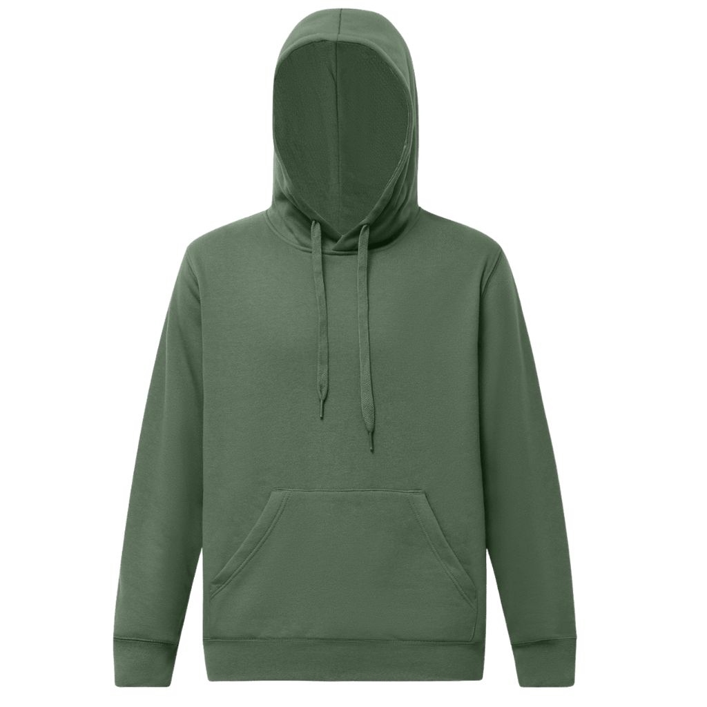 Personalised embroidered hoodie in army green with a kangaroo pocket and brushed fleece inner for cozy warmth.