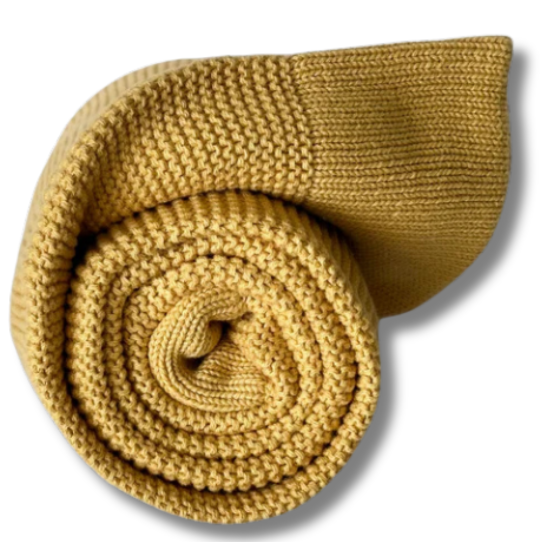 Personalised cotton baby blanket with custom name embroidery  
mustard colour