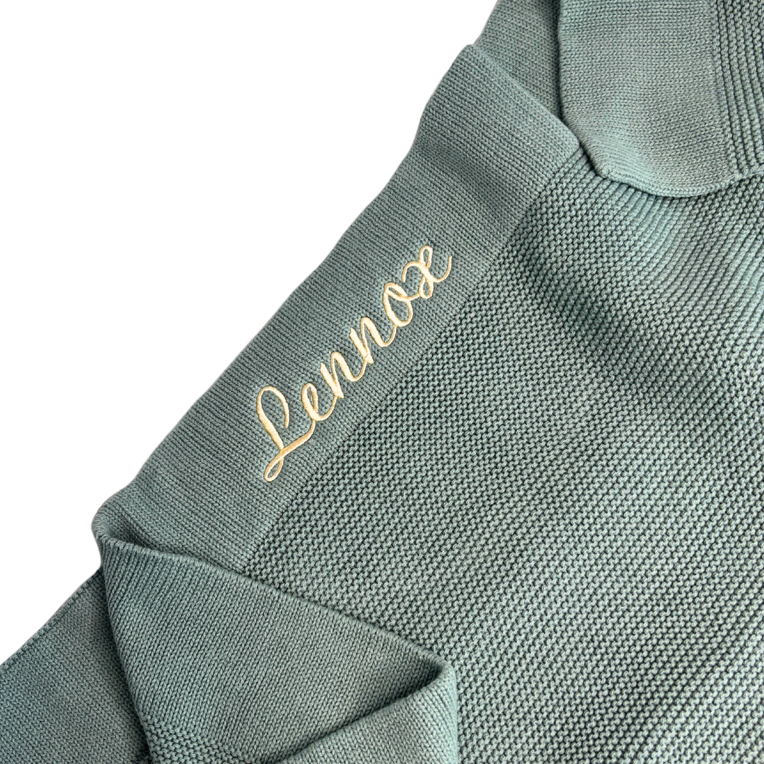 Personalised cotton baby blanket with custom name embroidery  
 in seamoss